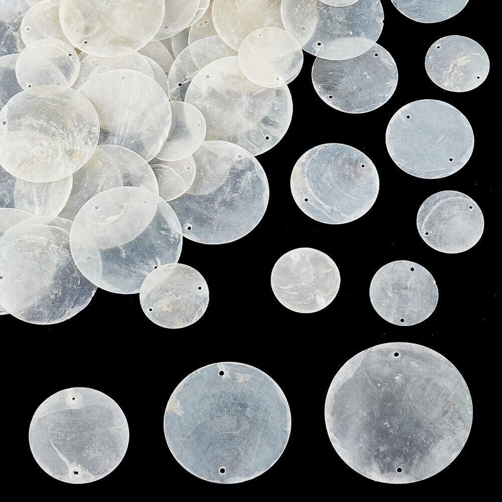6213 90pcs Natural Capiz Shell Charms, Flat Round Shell Pieces 3cm 4cm 5cm